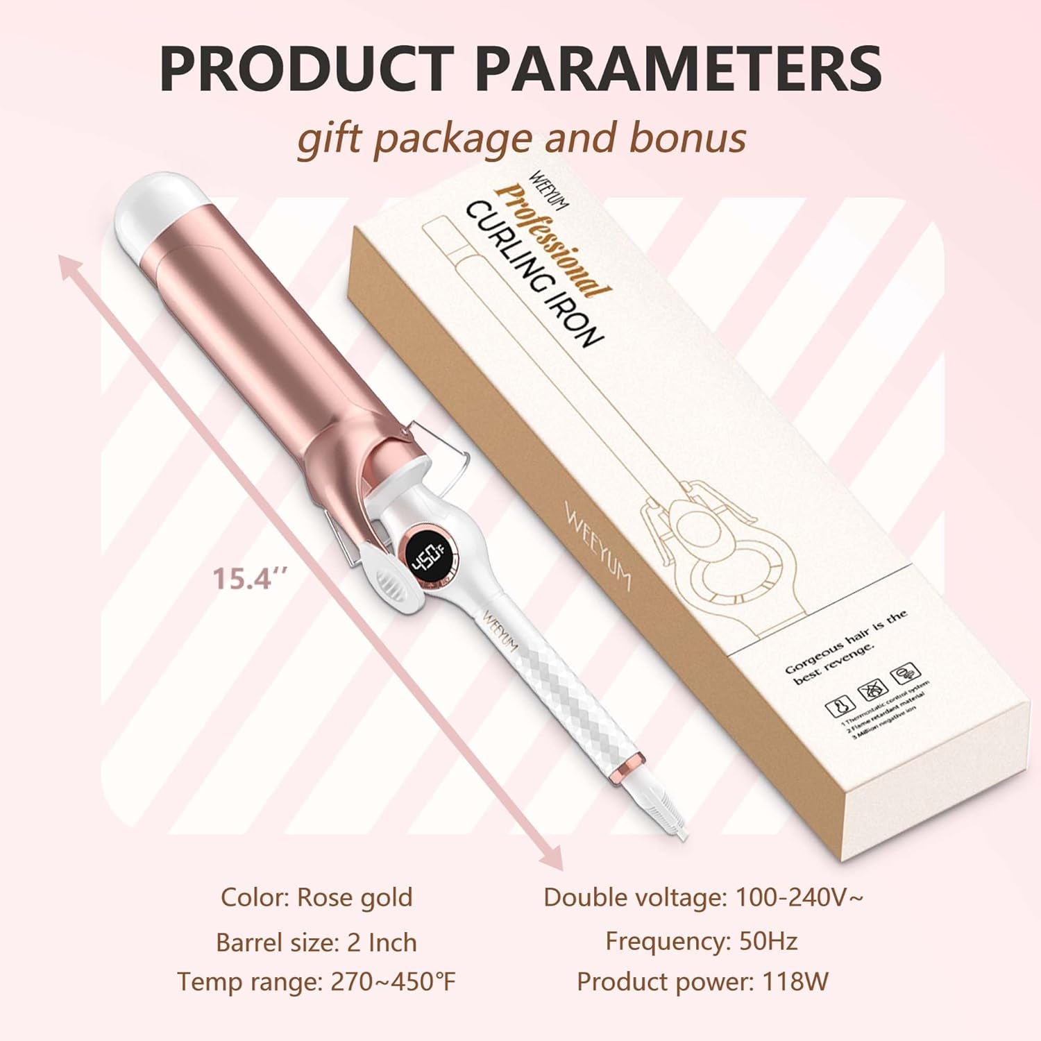 Large Curling Iron 2 Inch Barrel, Long Barrel Curling Wand for Hair, Ceramic Tourmaline Hair Styling Tool, Double Voltage, White
