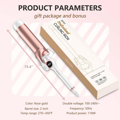 Large Curling Iron 2 Inch Barrel, Long Barrel Curling Wand for Hair, Ceramic Tourmaline Hair Styling Tool, Double Voltage, White